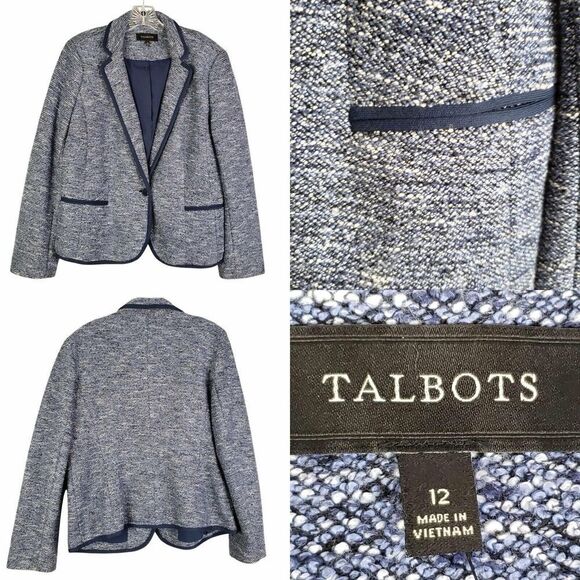 Talbots Blazer Women's Size 12 Blue Tweed Long Sleeve Jacket Stretch Knit - Picture 1 of 9